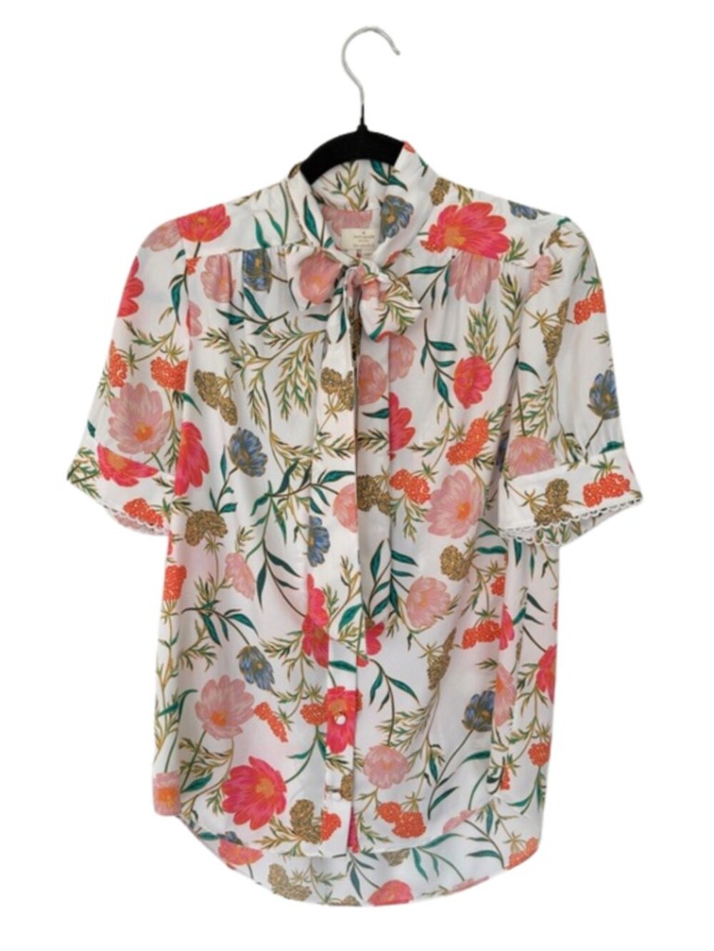 Kate Spade Blossom Floral Tie Neck Short Sleeved Blouse - Size S